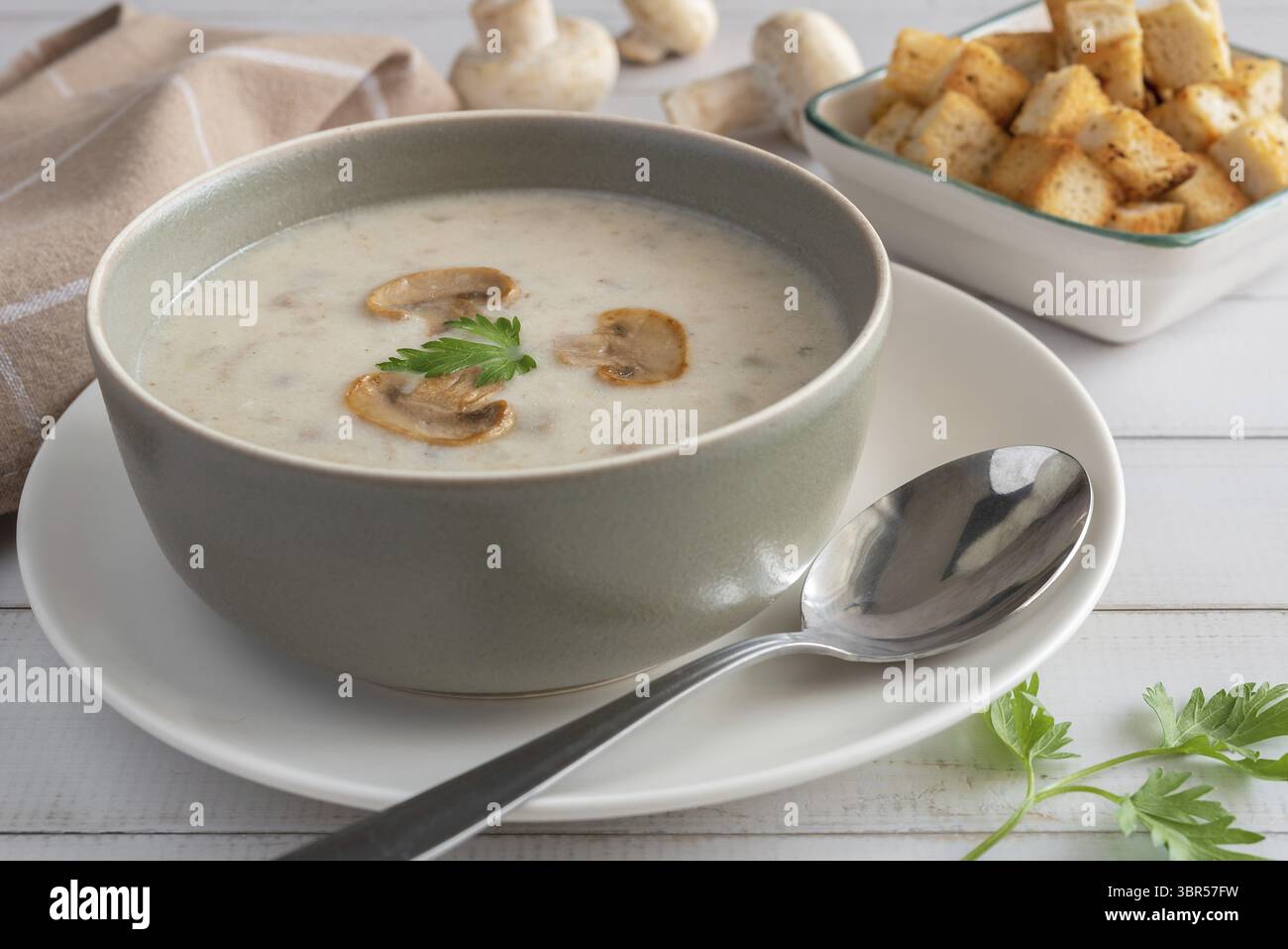 Cream of mushroom soup in a gray bowl on a wooden background. Selective focus Stock Photo