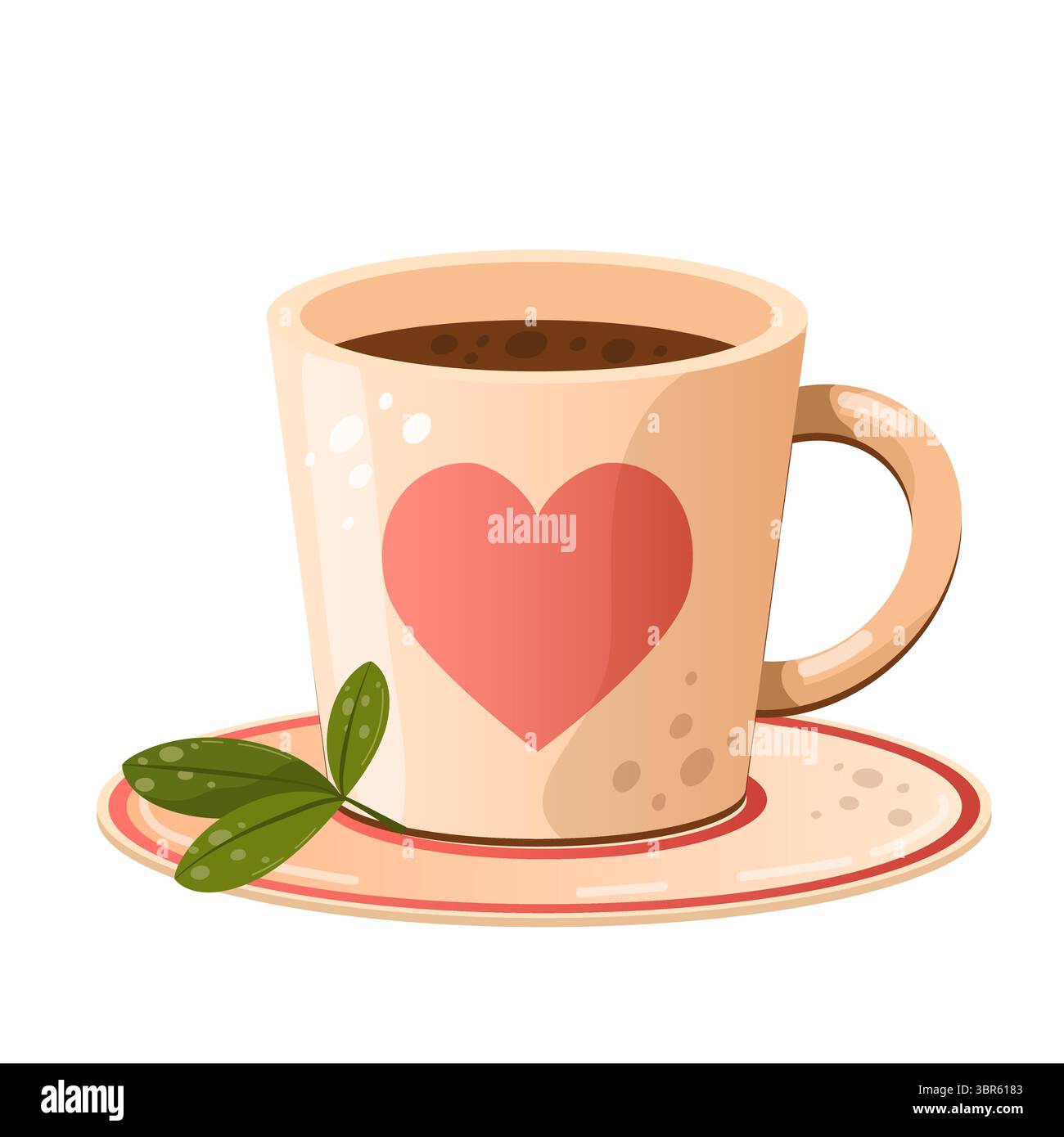 Vector illustration of a hot drink. Invigorating tea, coffee. Flat light mug with a heart on a white background. Stock Vector