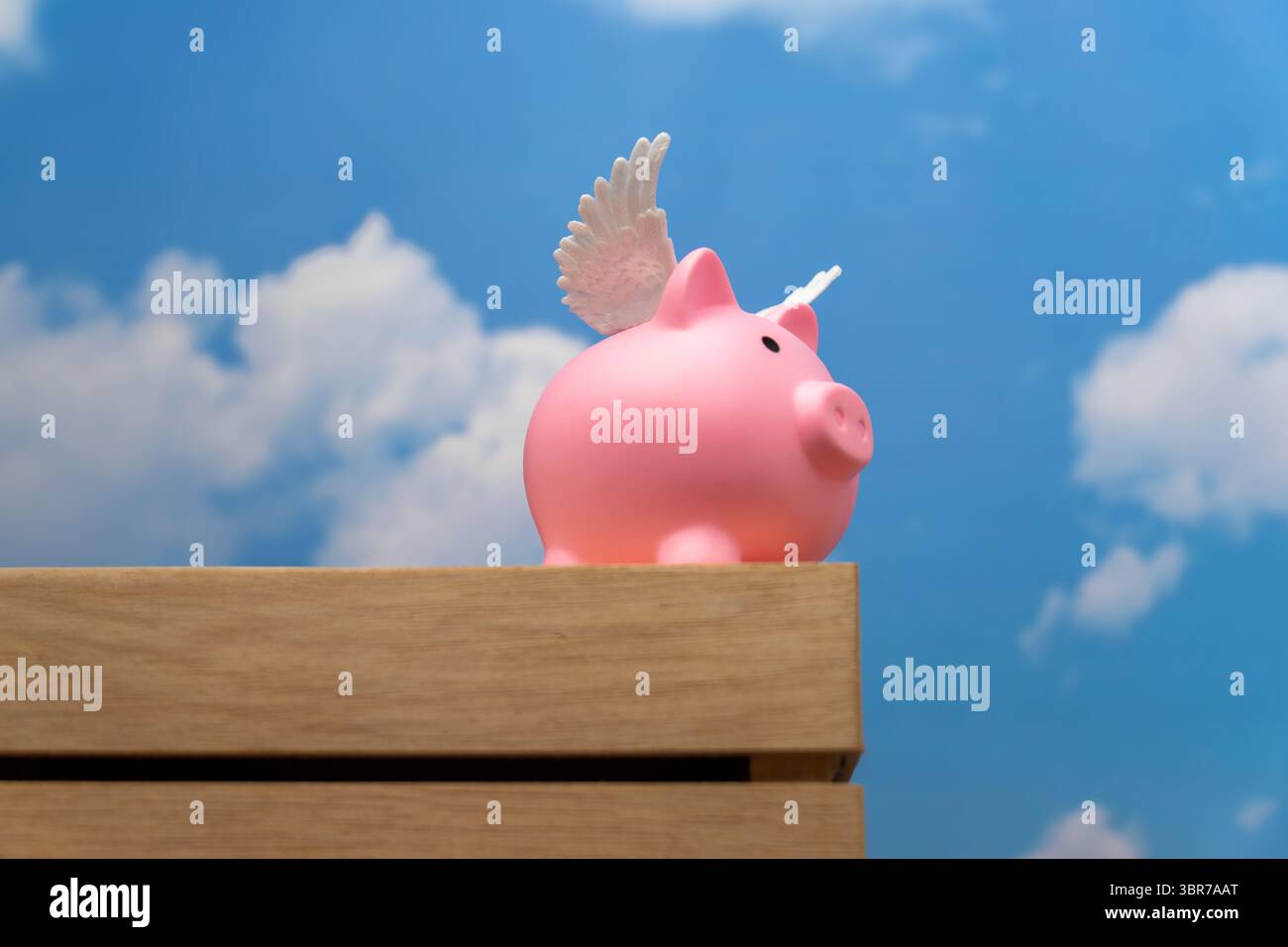A pink pig with small white wings. Represents the idiom "when pigs fly," signifying something highly improbable or impossible. Stock Photo