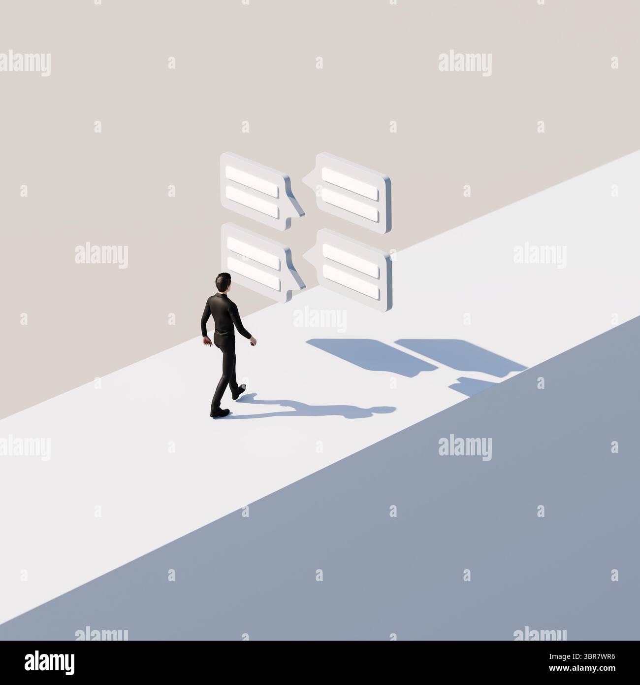 Social media or messaging in business concept. A businessman in a suit walking on a block towards four stylized bubbles of messages / comments. Image Stock Photo
