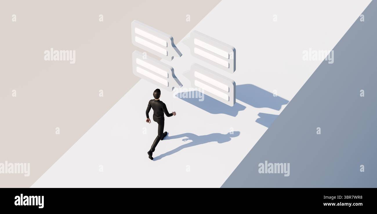 Social media or messaging in business concept. A businessman in a suit walking on a block towards four stylized bubbles of messages / comments. Image Stock Photo