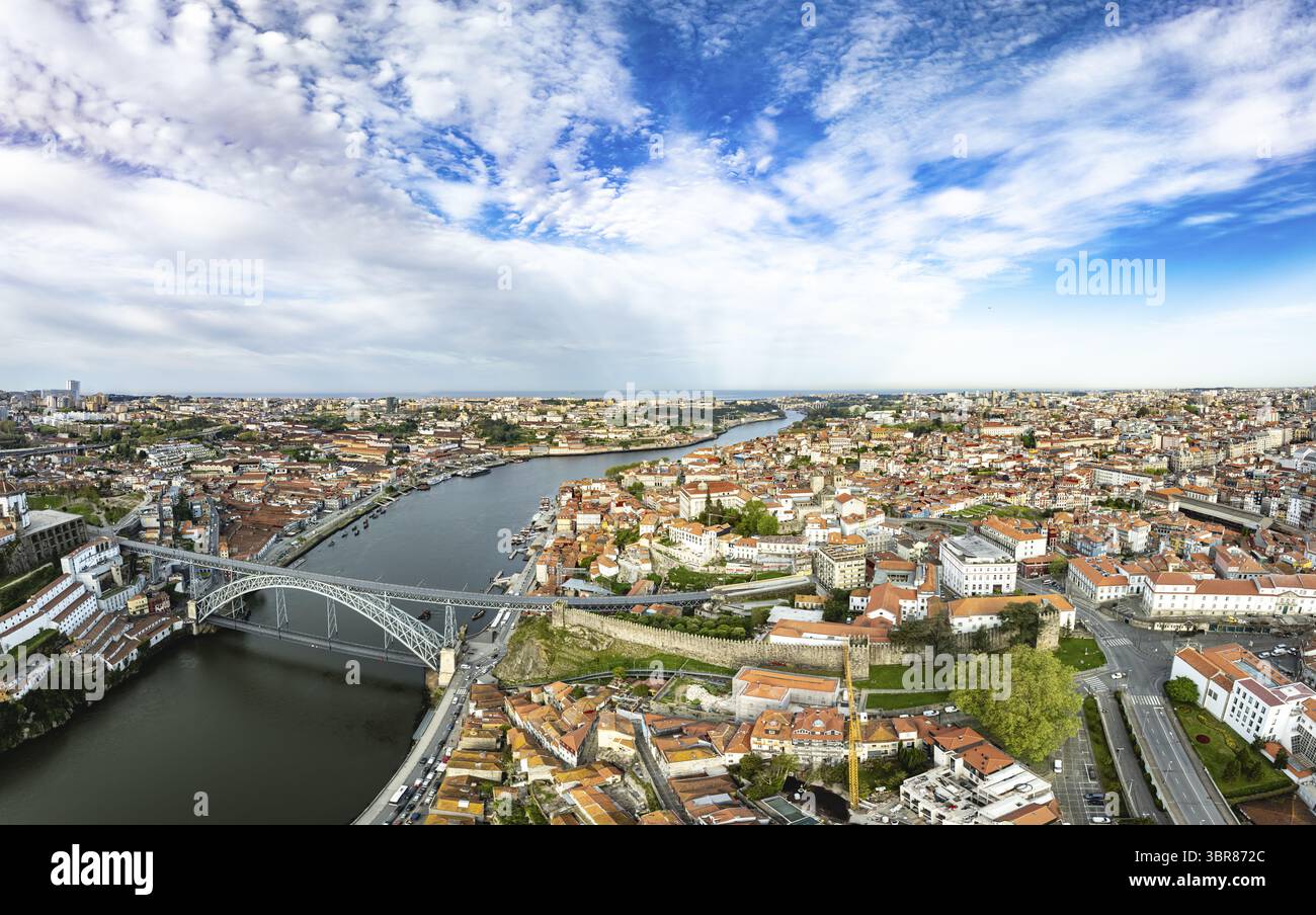 Aerial view of the Dom Luís I Bridge spanning the Douro River amidst ...