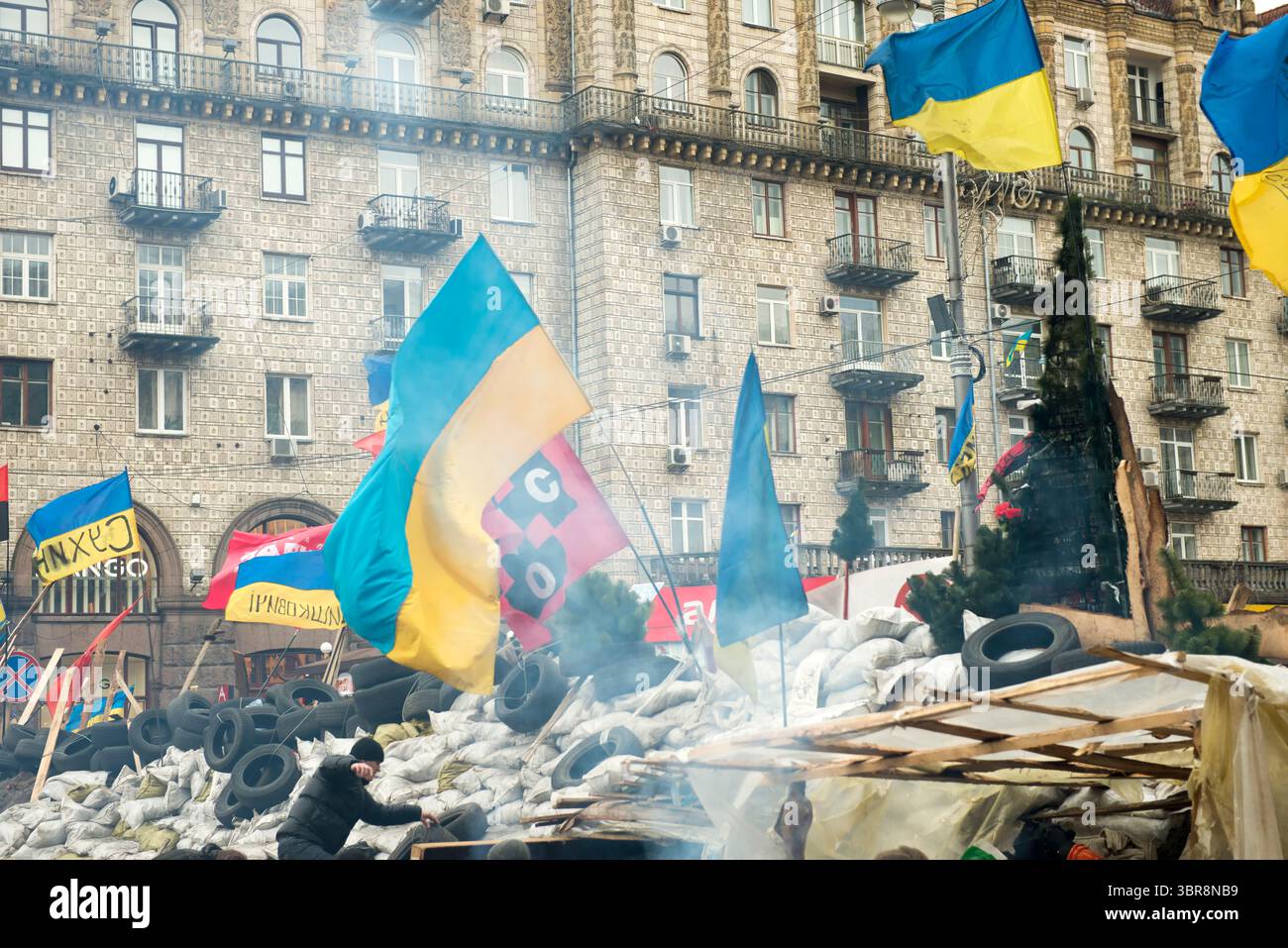 Crowds gather at Maidan Nezalezhnosti, waves of blue and yellow flags prevail. Stock Photo