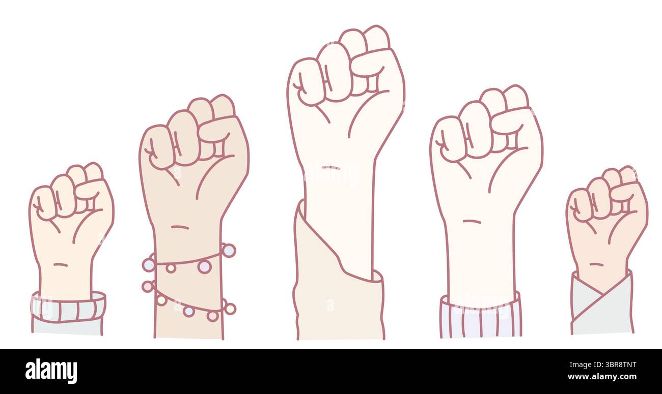 An impactful illustration of diverse raised fists, representing unity, strength, empowerment, and activism for change Stock Vector