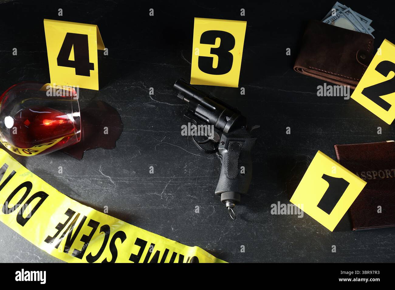 Forensic expert. Yellow crime scene tape, markers and evidences on ...