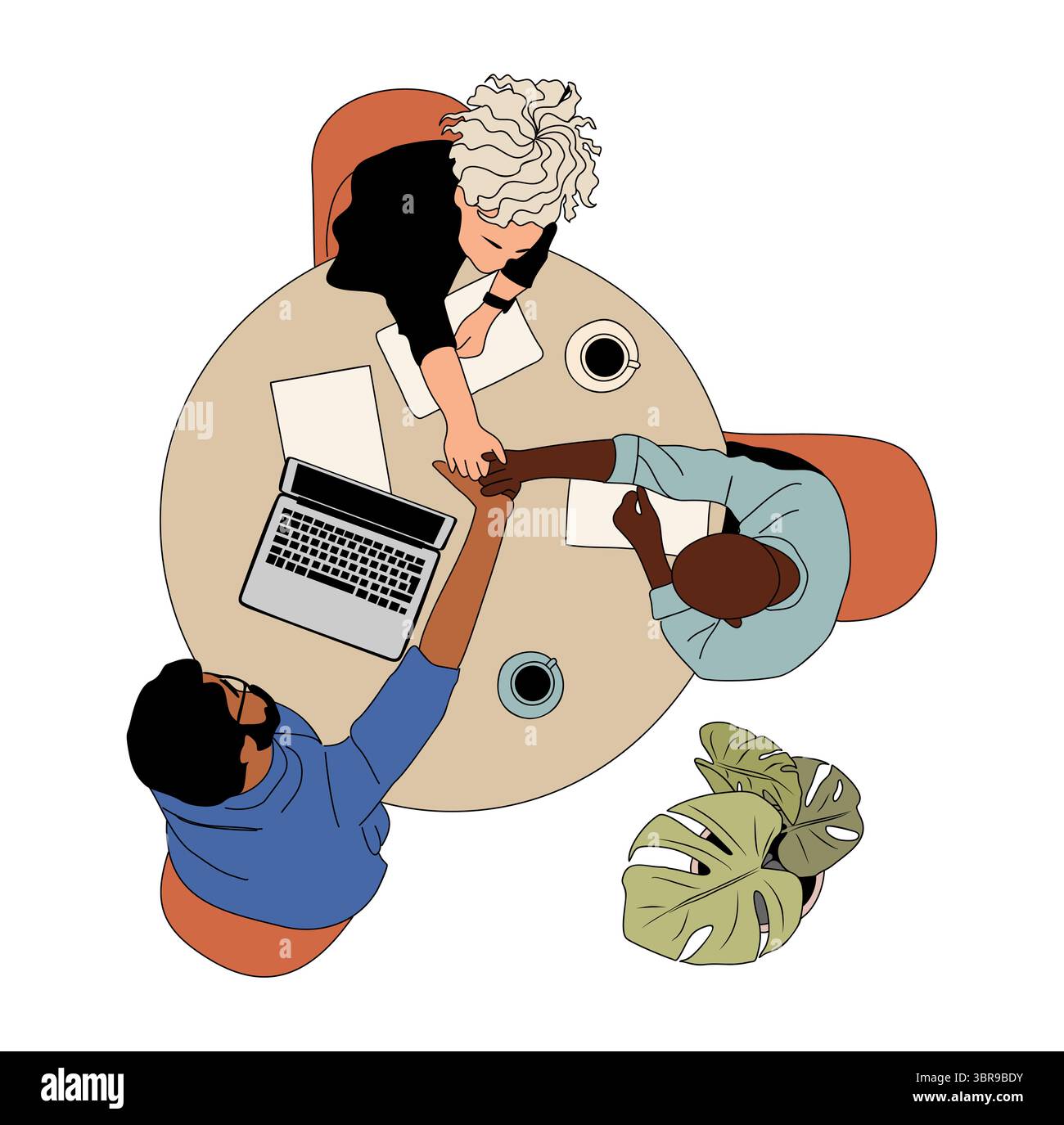 Diverse team meeting at round table, top view Stock Vector