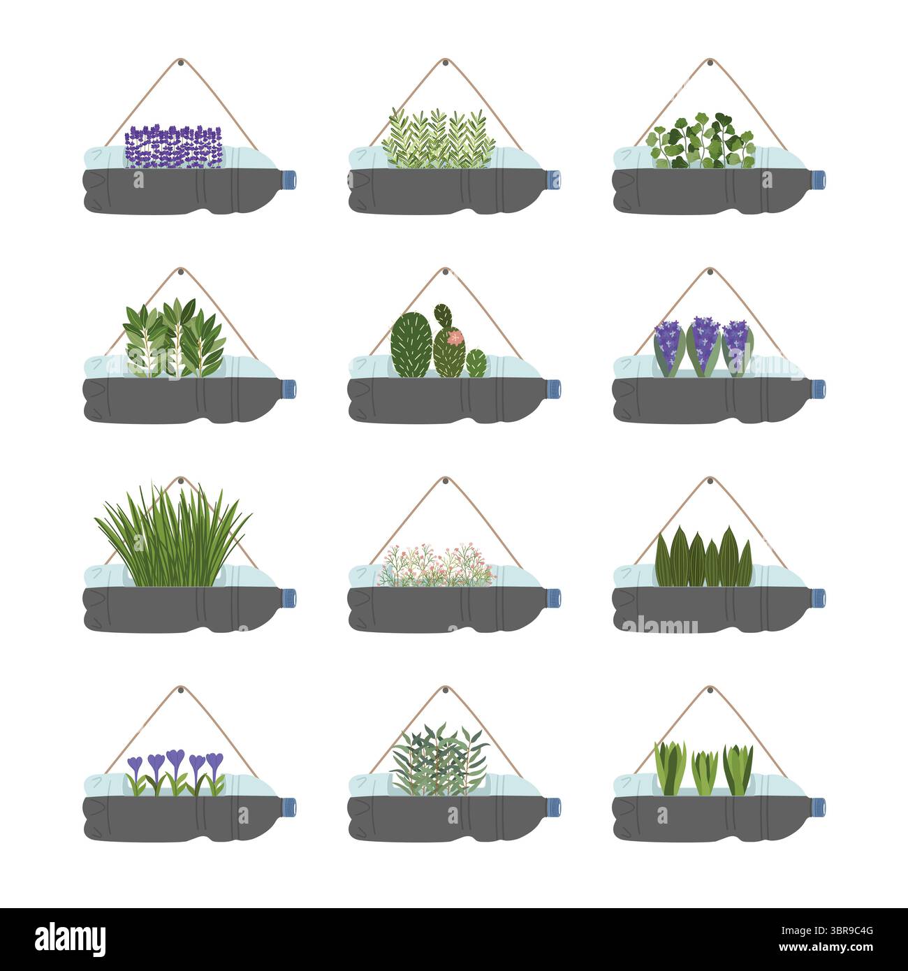 Illustration of plastic bottle planters on white background. Vertical ...