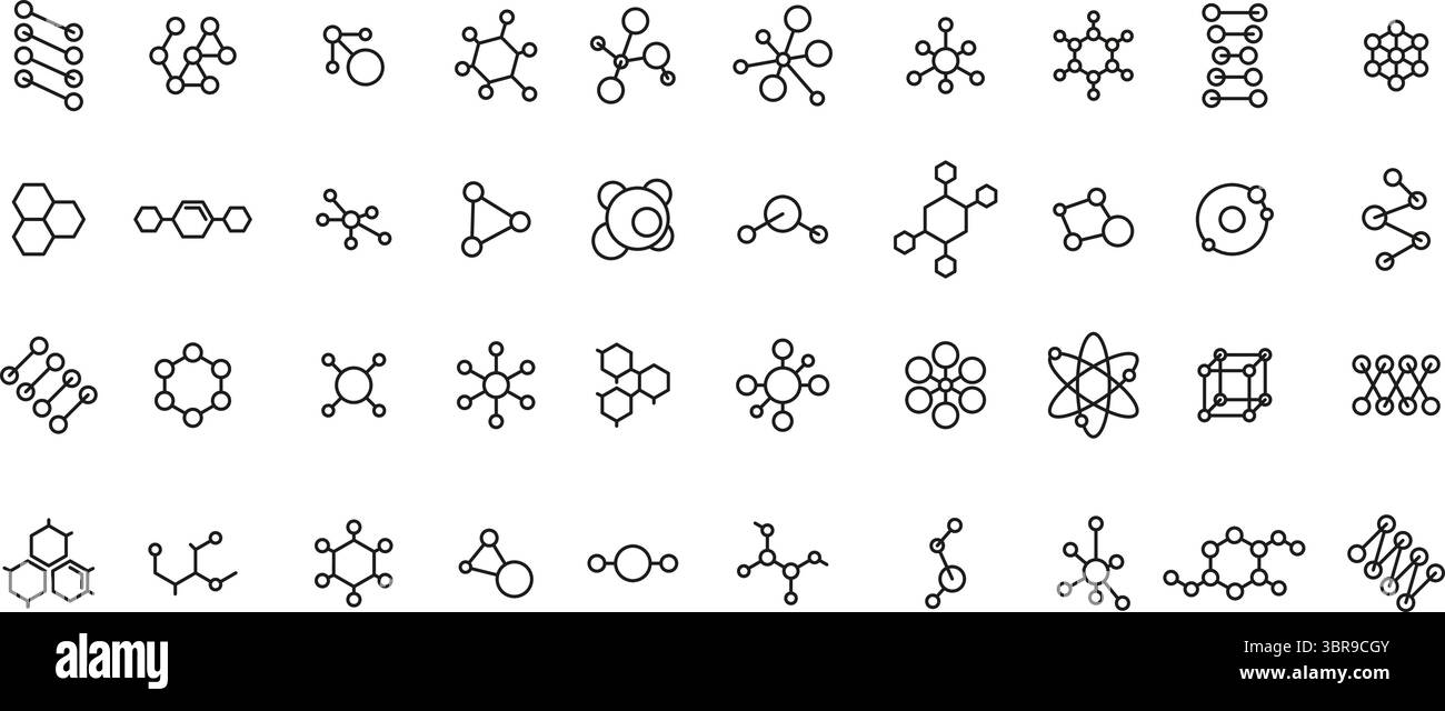 Linear chemical structure icons. Molecular formula diagrams and atomic ...