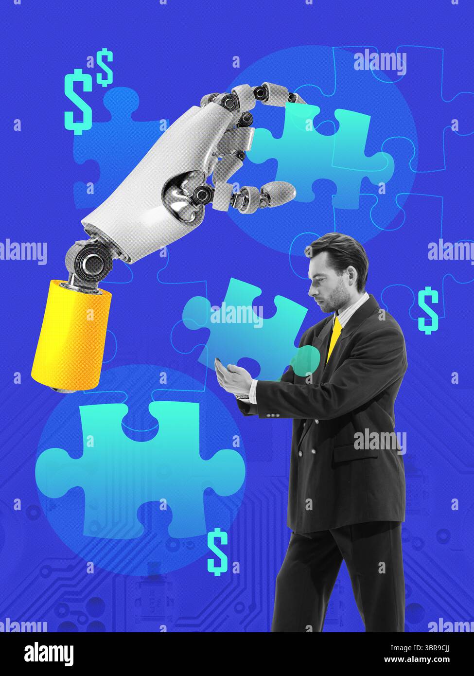 Bold collage with 3D robot hand placing puzzle piece with thoughtful ...