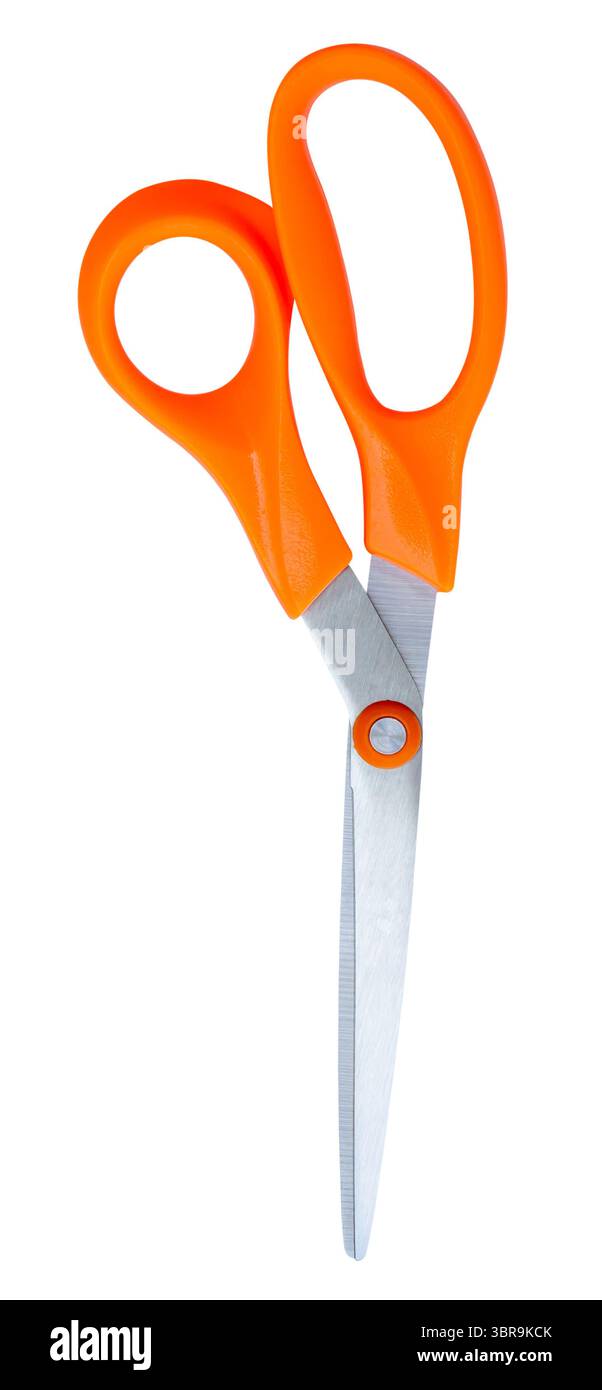 Medium multipurpose scissors with orange handle in vertical is isolated on white background with clipping path. Stock Photo