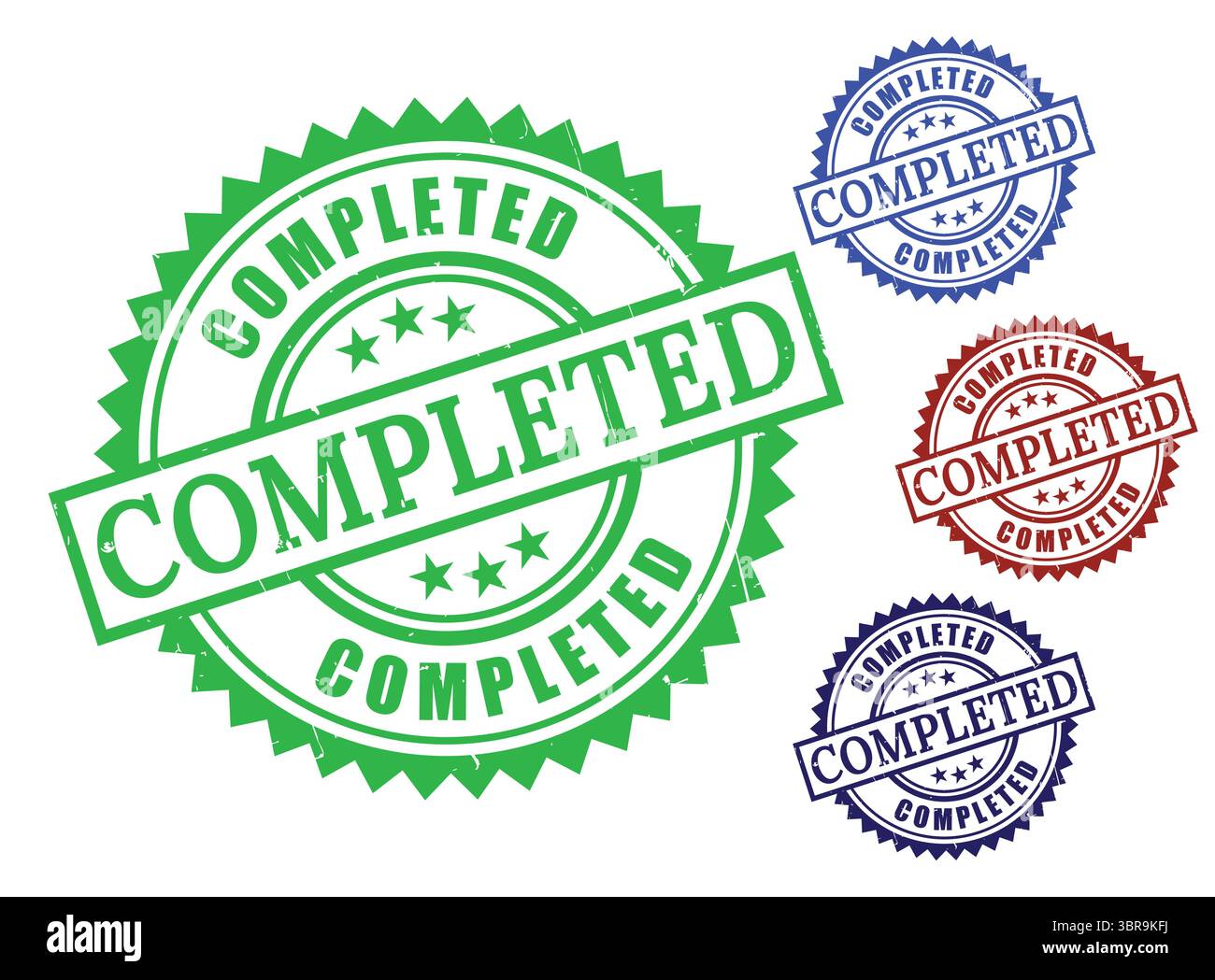 A Project Completed Stamp Icons, Grunge Style Finished Task Labels Stock Vector
