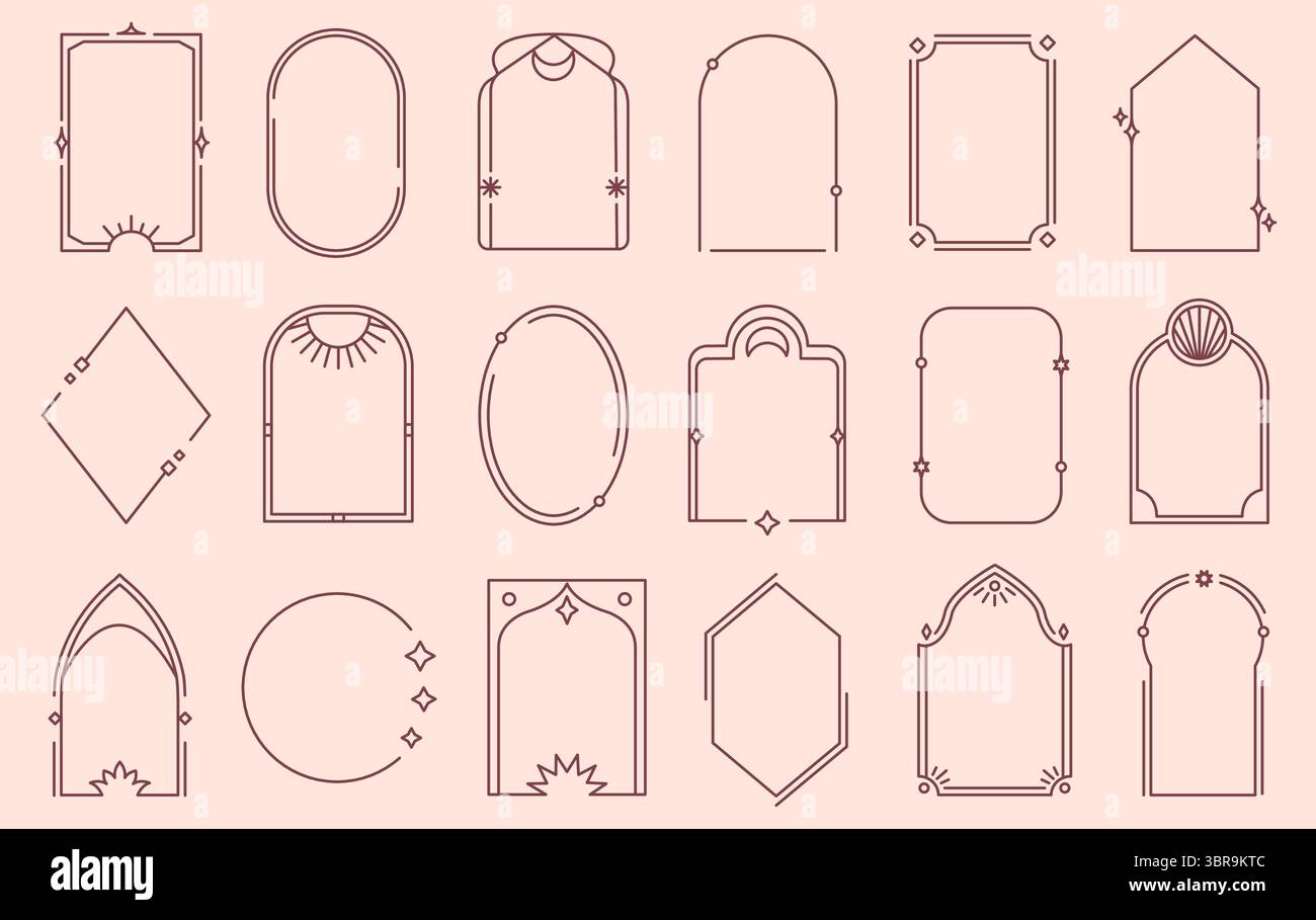 Linear boho frames. Minimalist geometric line art borders in rectangular, oval, arched and diamond shapes. Elegant borders decorative elements vector Stock Vector