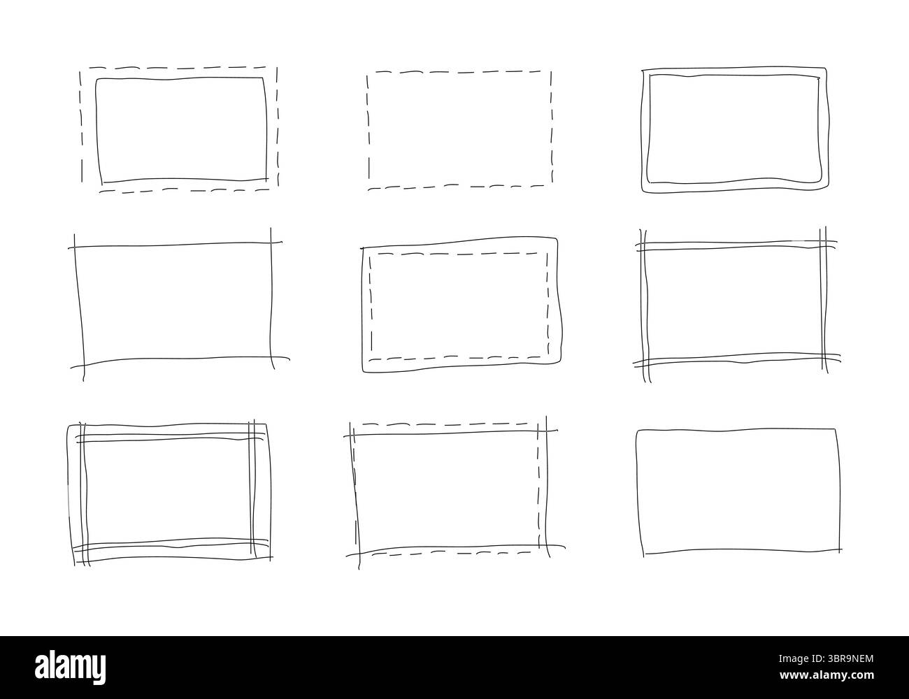 Set of hand drawn rectangle frames. Simple doodle rectangular shapes. Scribble square text box. Highlighting elements. Lined border. Vector graphic Stock Vector