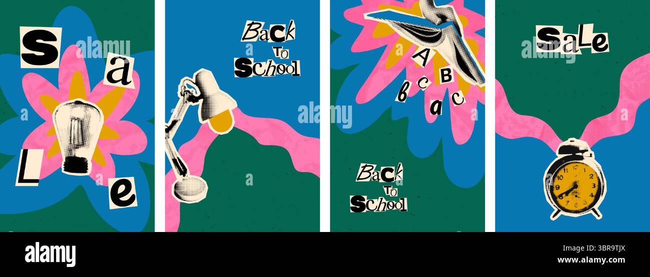 Back to school halftone collage banners set vector illustration Stock Vector