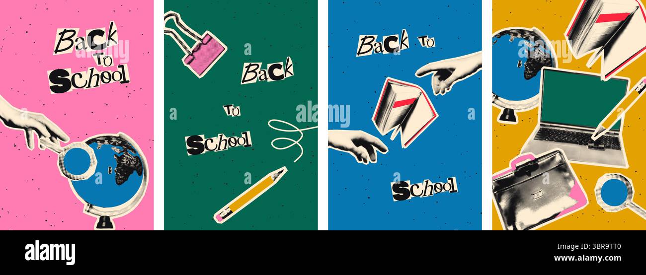 Back to school halftone collage banners set vector illustration Stock Vector
