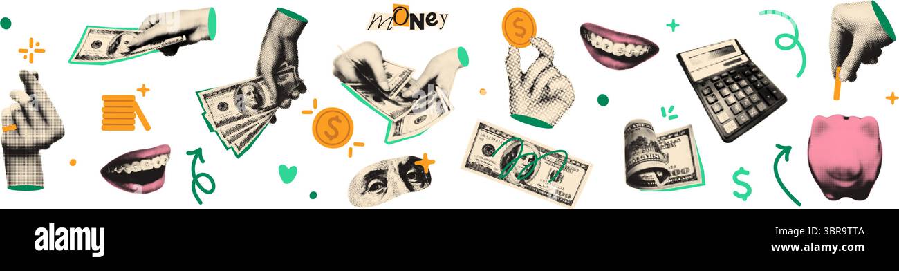 Money halftone collage cut outs set vector illustration Stock Vector ...