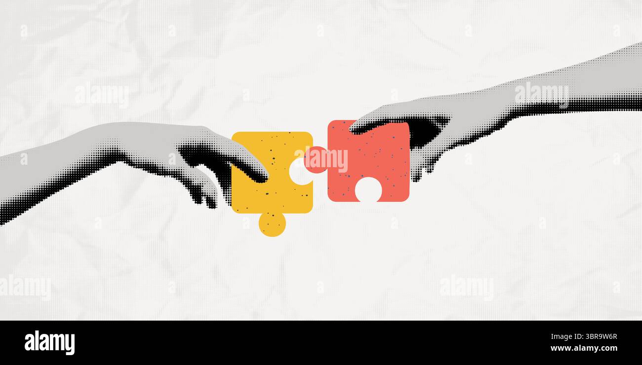 Hands connecting jigsaw puzzle halftone collage vector illustration Stock Vector