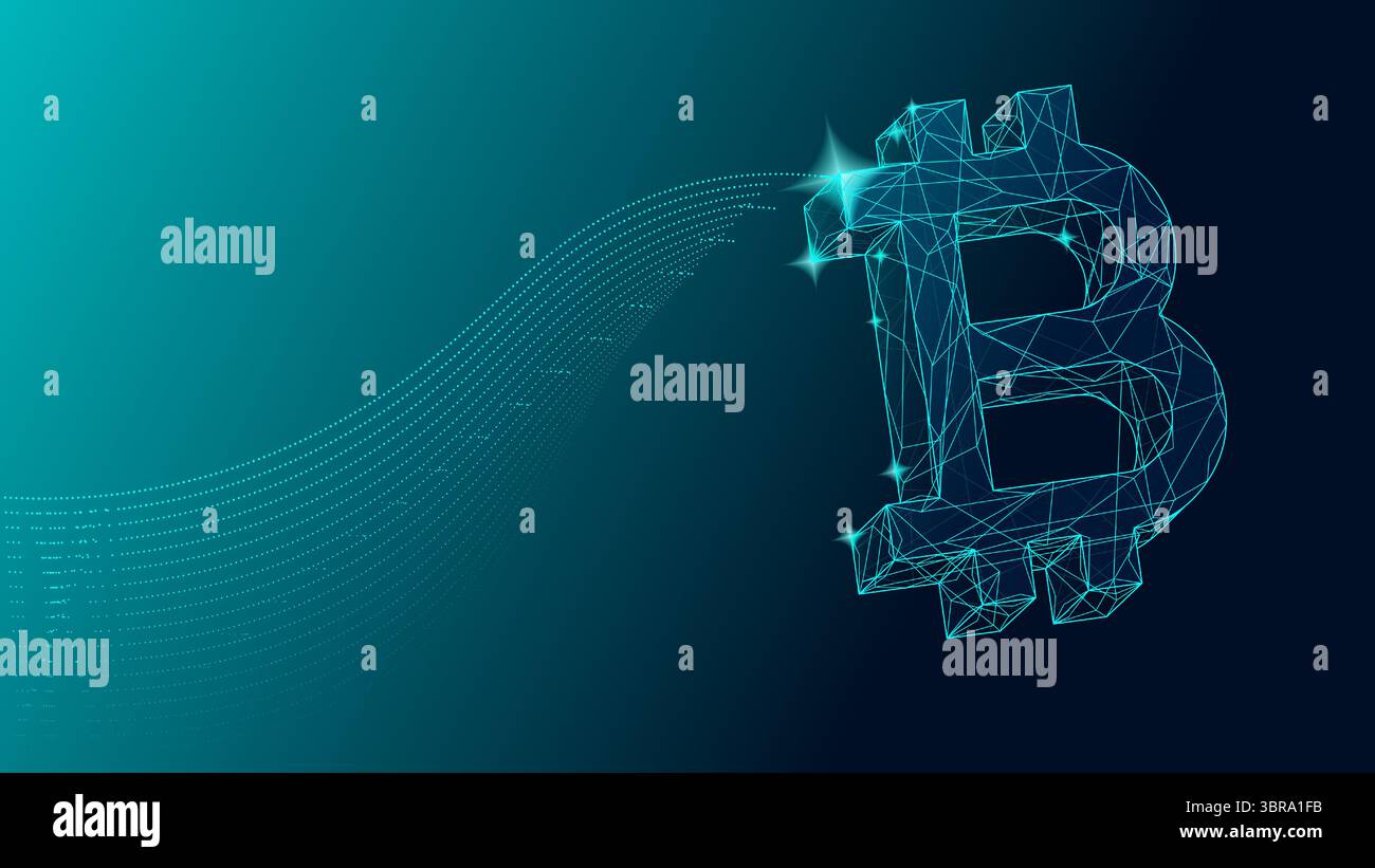 Wireframe glowing bitcoin symbol flying with sparkles on blue ...