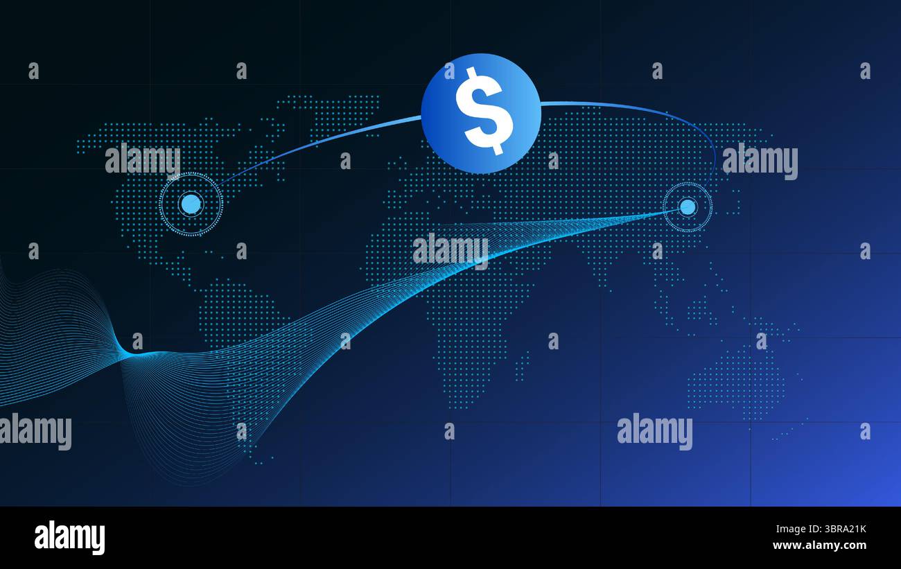 Global digital payment with dollar symbol connecting continents on glowing world map Stock Vector