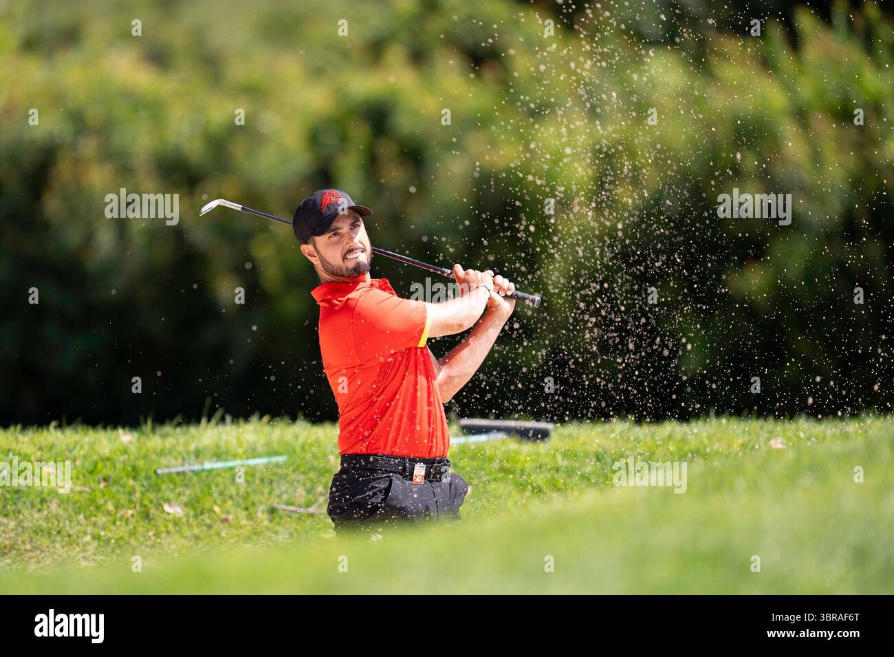 Abraham Ancer, of Fireballs GC, hits his shot from a bunker during the ...