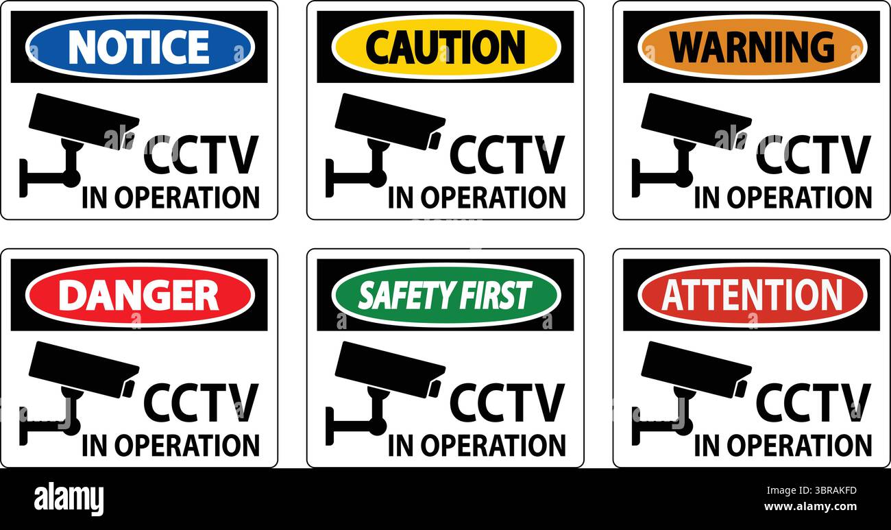 A vivid collection of signs indicating CCTV operation with varied colors and warning labels such as notice, caution, warning, and danger for security Stock Vector