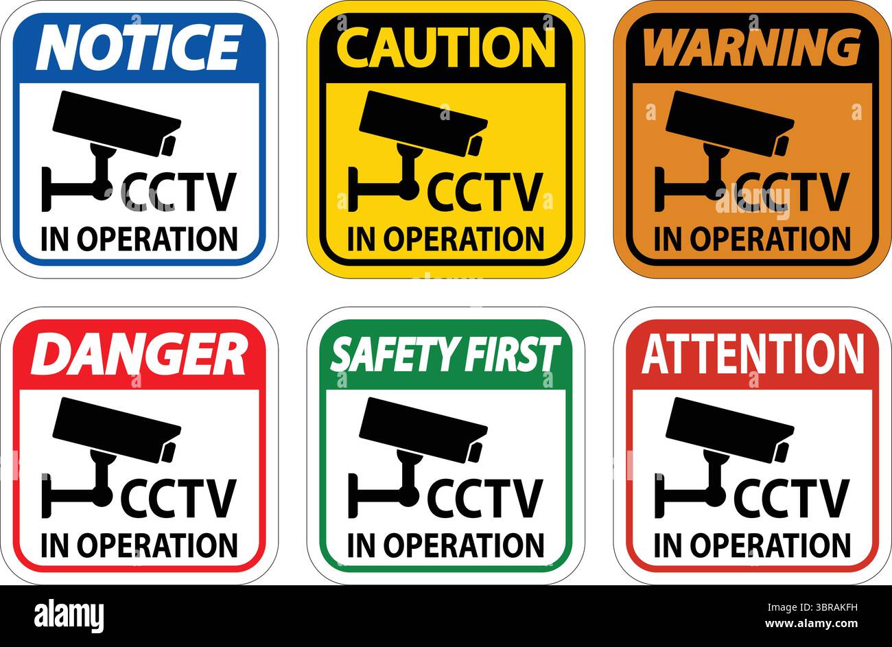 A collection of warning signs indicating CCTV operation in six different colors, emphasizing safety, awareness, and surveillance in various environmen Stock Vector