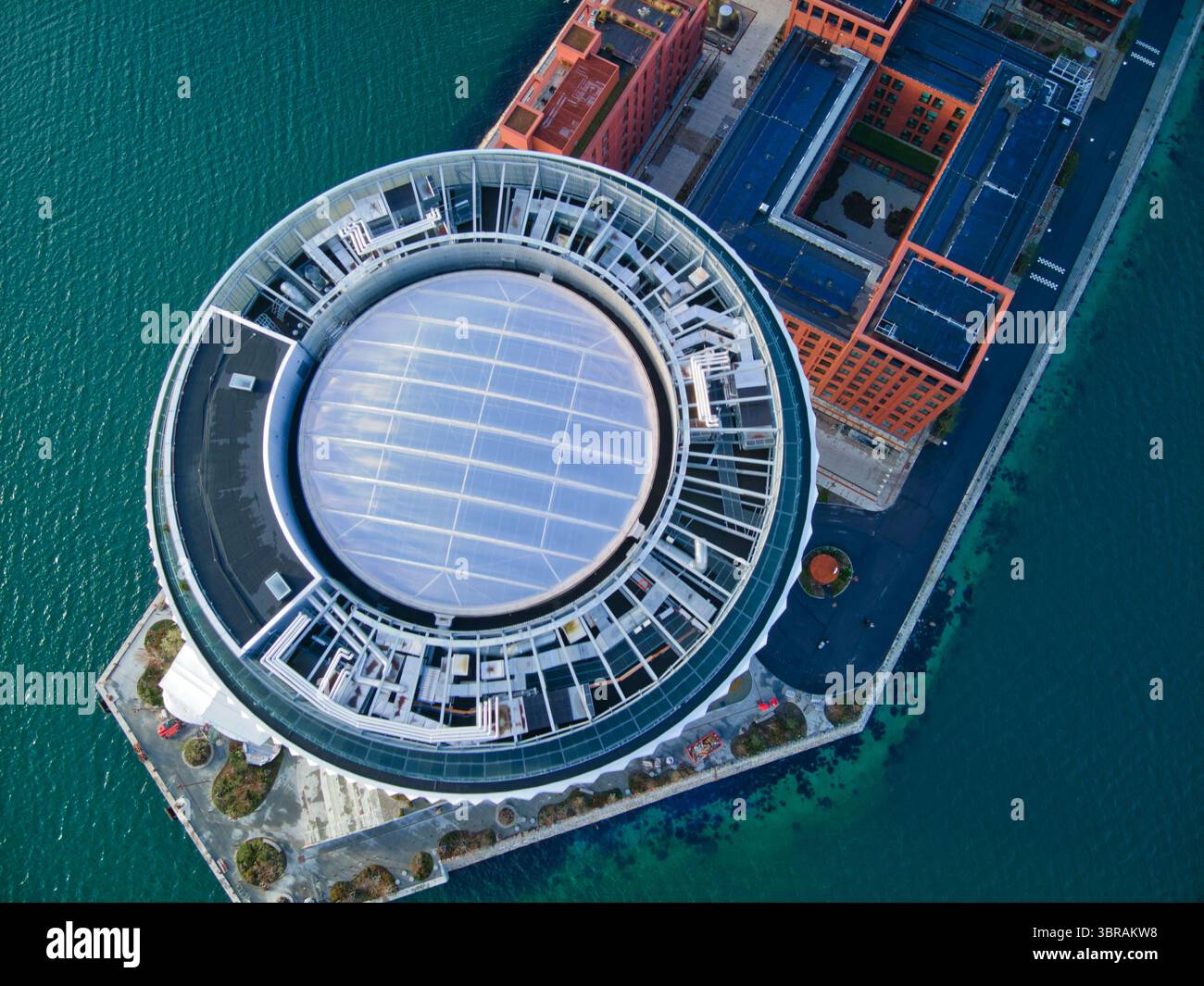 Aerial view of the distinctive round building of Experimentarium ...