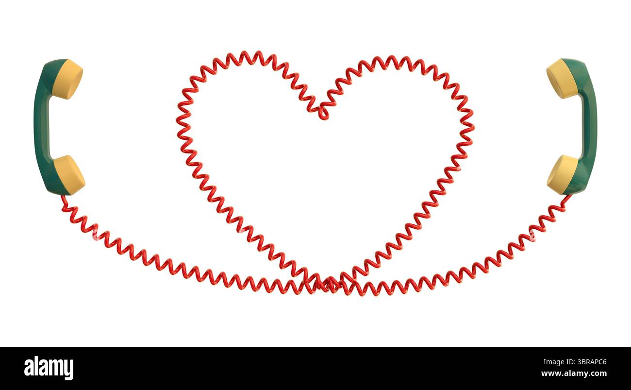Two vintage telephone handsets connected by a red heart-shaped coiled cord on white background representing love, communication, and connection. Stock Photo