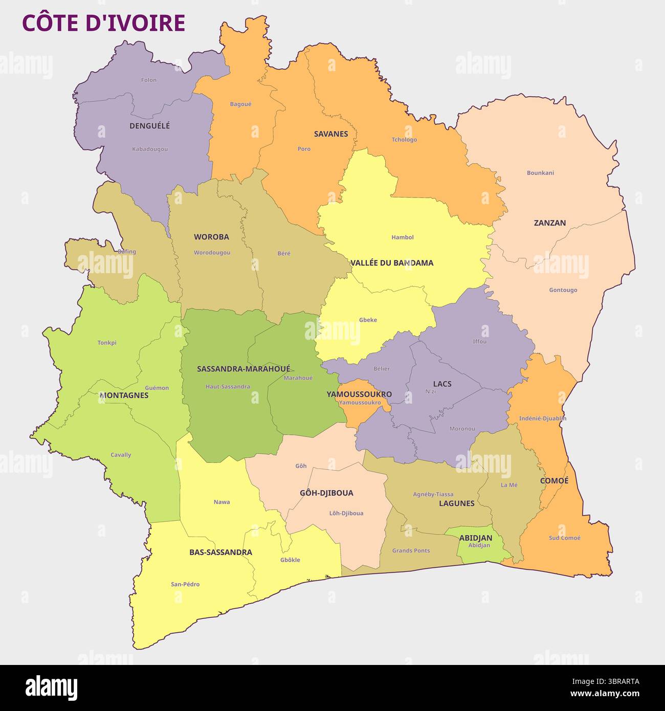 Cote d'Ivoire Map Administrative Regions Stock Vector Image & Art - Alamy