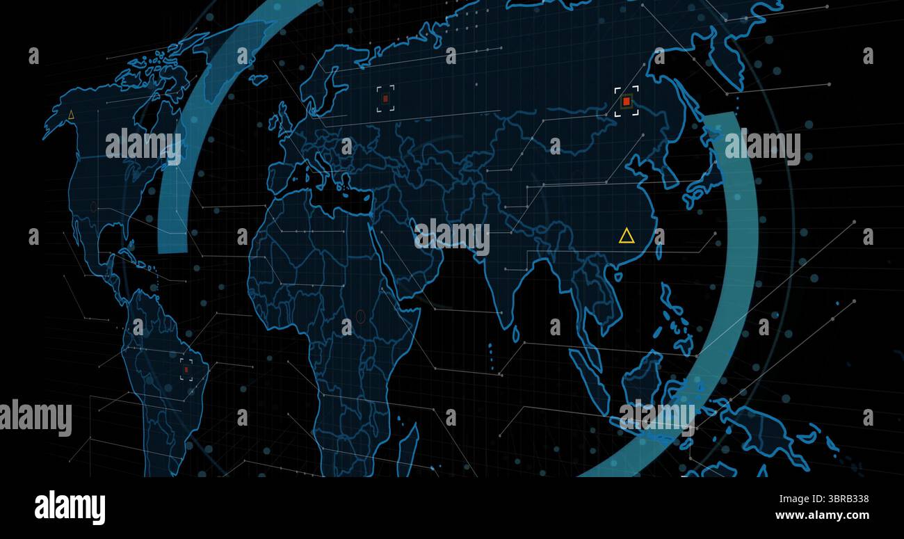 Displaying digital world map interface at control screen, with neon-blue outlines and data nodes Stock Photo