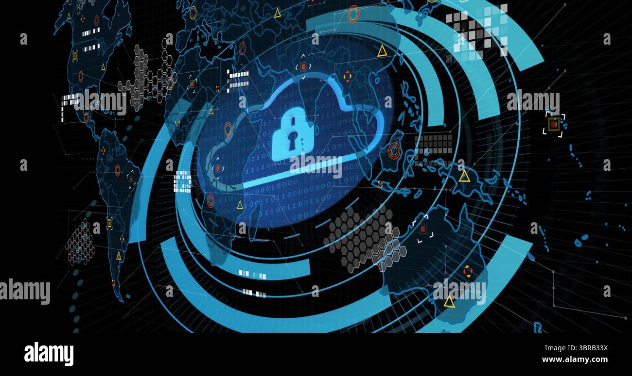 Displaying glowing blue cloud padlock icon protecting data on digital dashboard, with hex grid Stock Photo