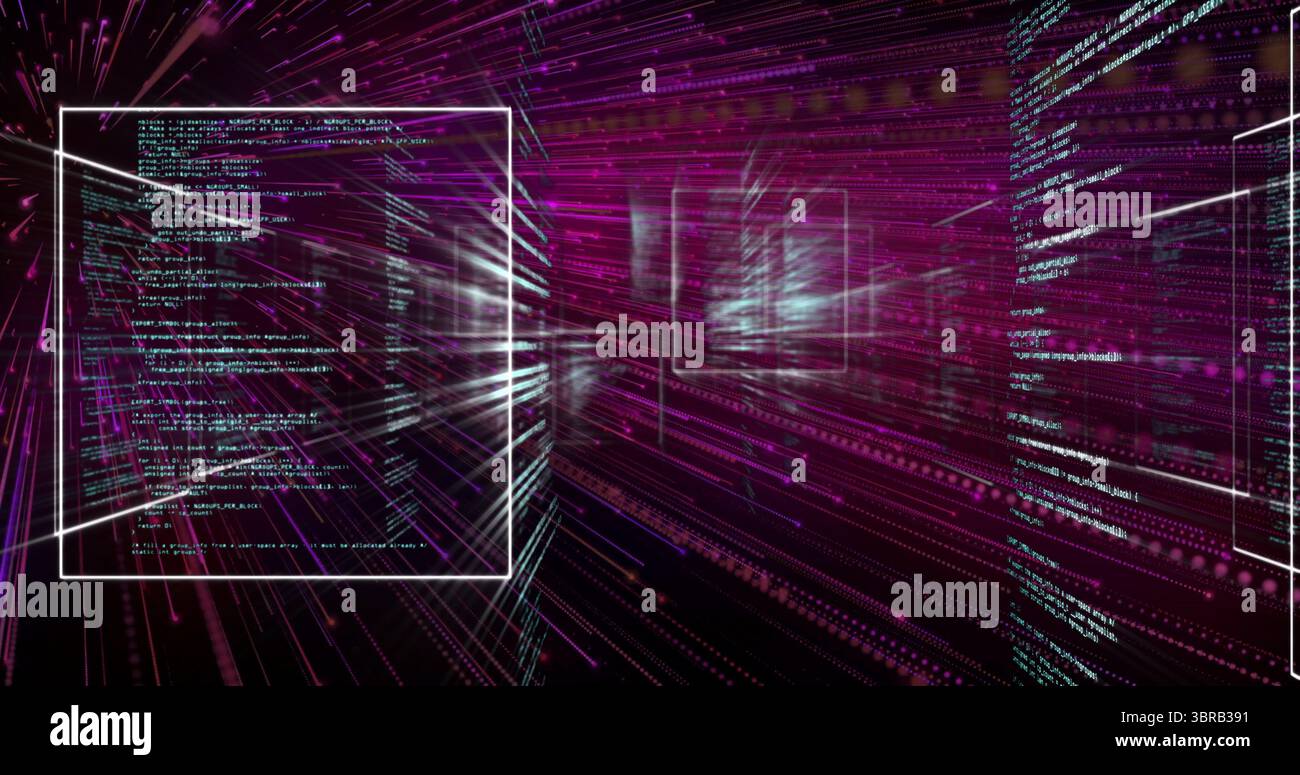 Floating Frame Code Floating white-outlined code frame drifting through data tunnel, with ...