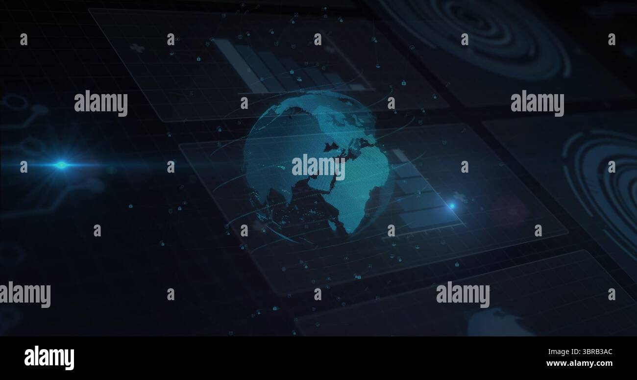Projecting holographic globe rotating with data points in digital command hub, with radar UI Stock Photo