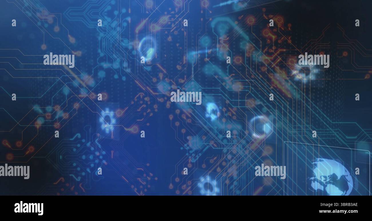 Displaying abstract network pattern in security panel, with circuit traces skull icons Earth map Stock Photo