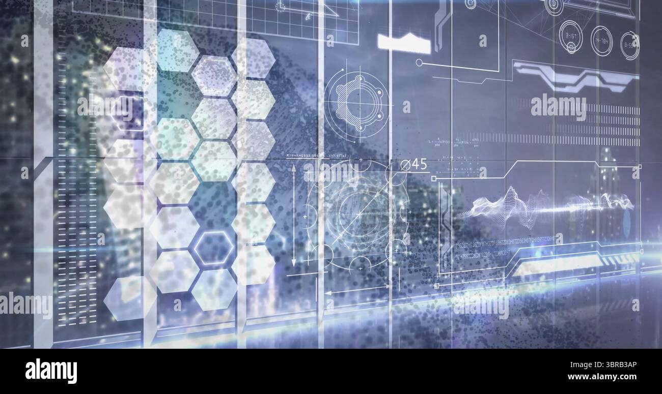 Projecting HUD interface displaying wireframe diagrams in virtual control hub, with hexagonal grid Stock Photo