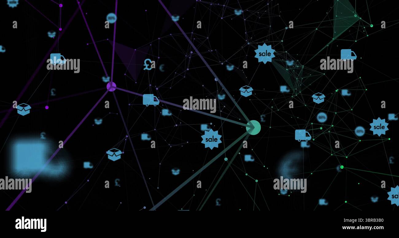 Displaying digital network graph pulsing in dark space, with truck, box ...
