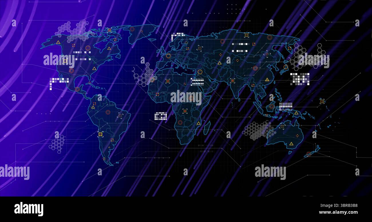 Stylized world map animating data overlays in control room, with hex clusters and circular nodes Stock Photo
