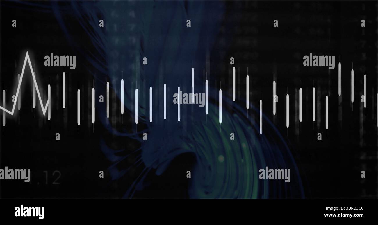 Displaying white vertical bars fluctuating on digital screen, with blue-green glow and code overlay Stock Photo