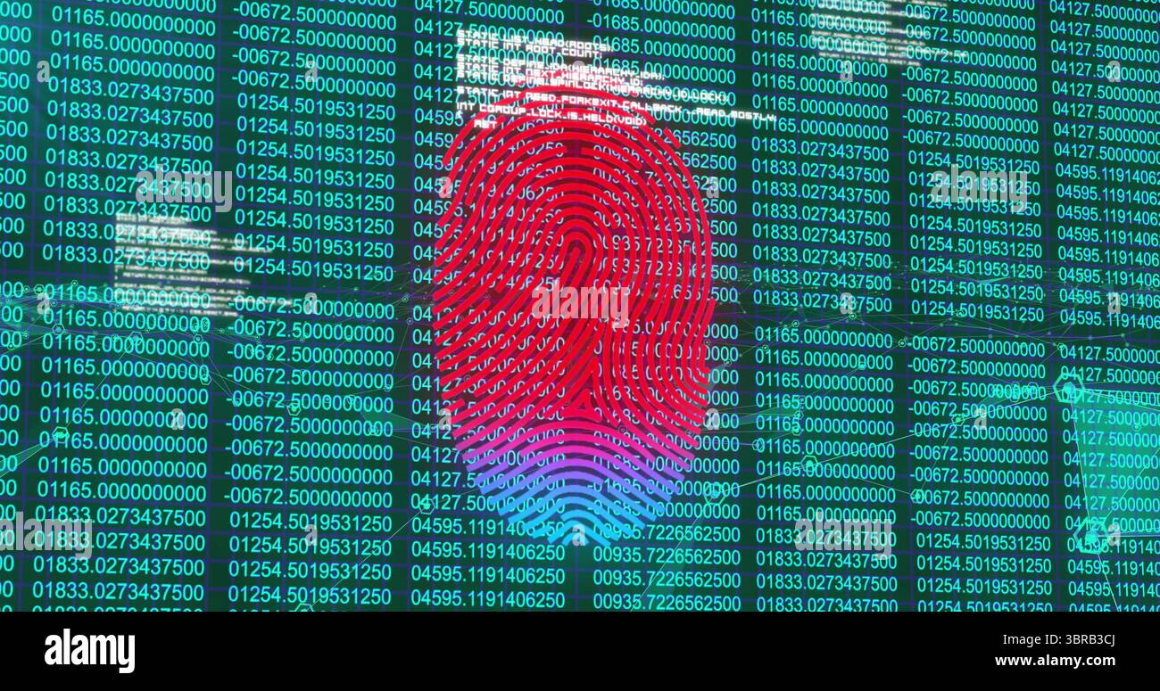 Displaying fingerprint graphic on security interface, with scrolling numeric code and glitch lines Stock Photo
