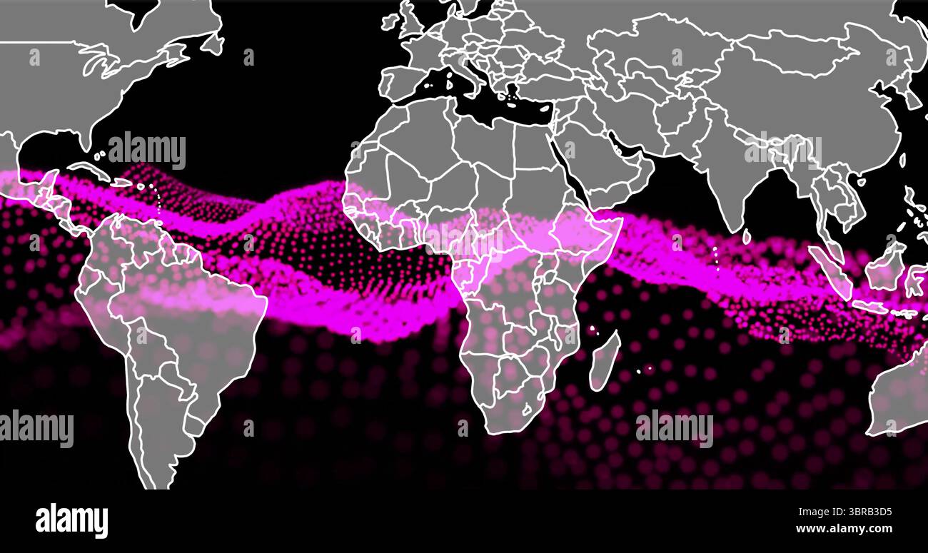 Displaying world map outline weaving across data visualization space, magenta dotted wave pattern Stock Photo
