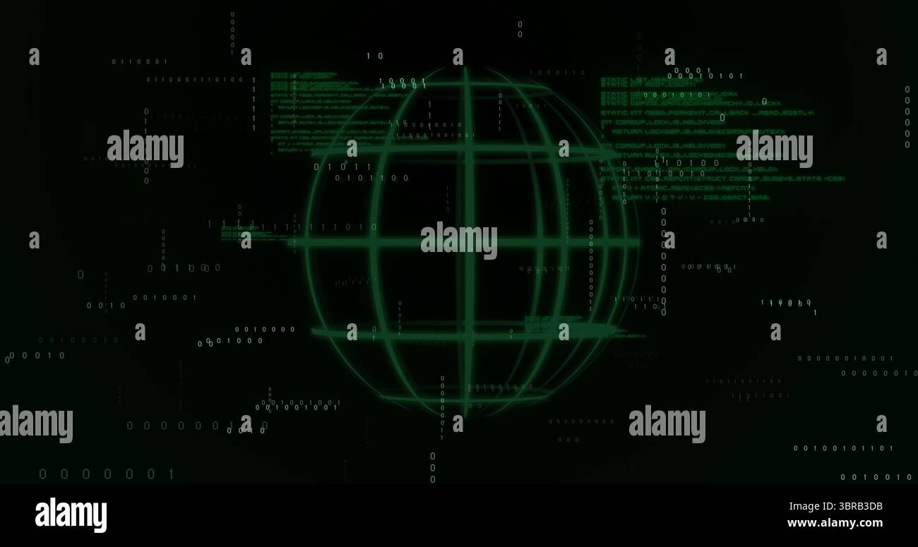Glowing green wireframe globe rotating in virtual space, with binary digits and code fragments Stock Photo