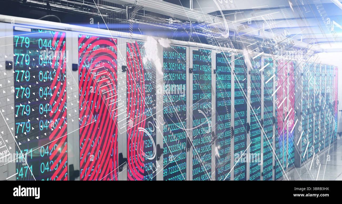 Displaying server cabinets lining data center aisle, with LED lights and fingerprint code overlays Stock Photo