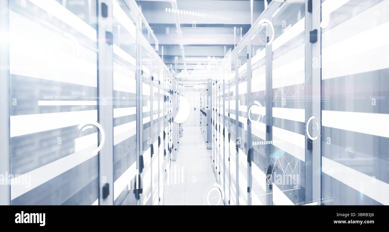 Illuminating central corridor aisle featuring LED server racks in data center, with data overlays Stock Photo