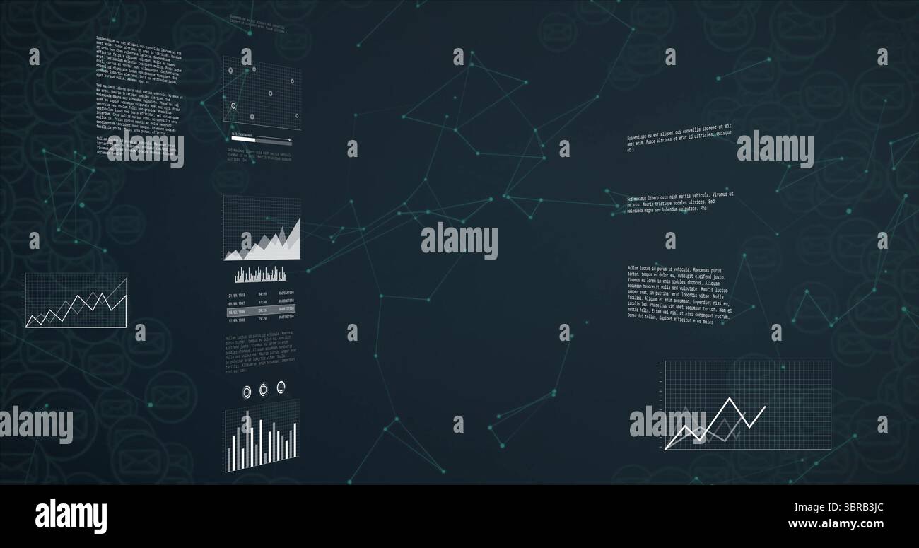 Displaying teal-colored network forming constellation on digital screen with data panels and charts Stock Photo