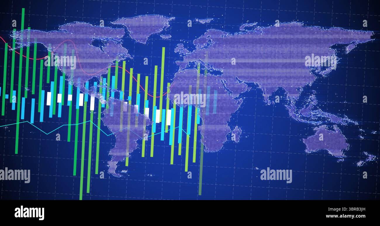 Presenting dashboard tracking world map over blue grid on screen, with candlesticks and line graphs Stock Photo