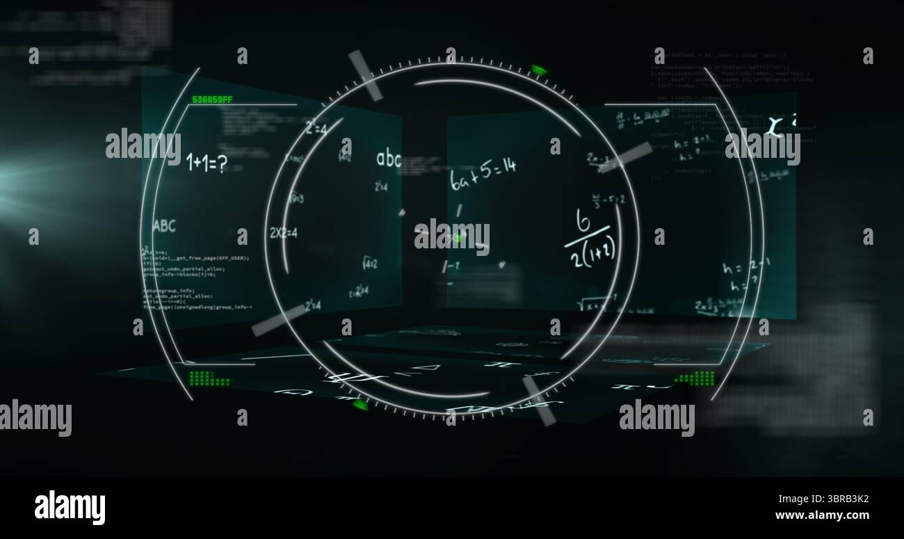 Displaying central circular HUD projecting transparent panels in virtual space, with math formulas Stock Photo