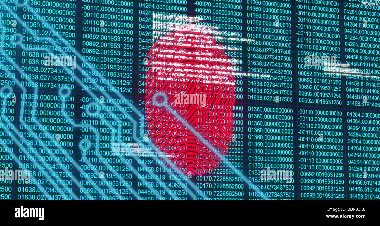 Displaying red fingerprint overlaying interface screen, with green code and teal data streams Stock Photo