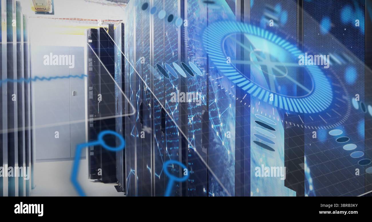 Glowing server racks projecting holographic network graphics at data ...