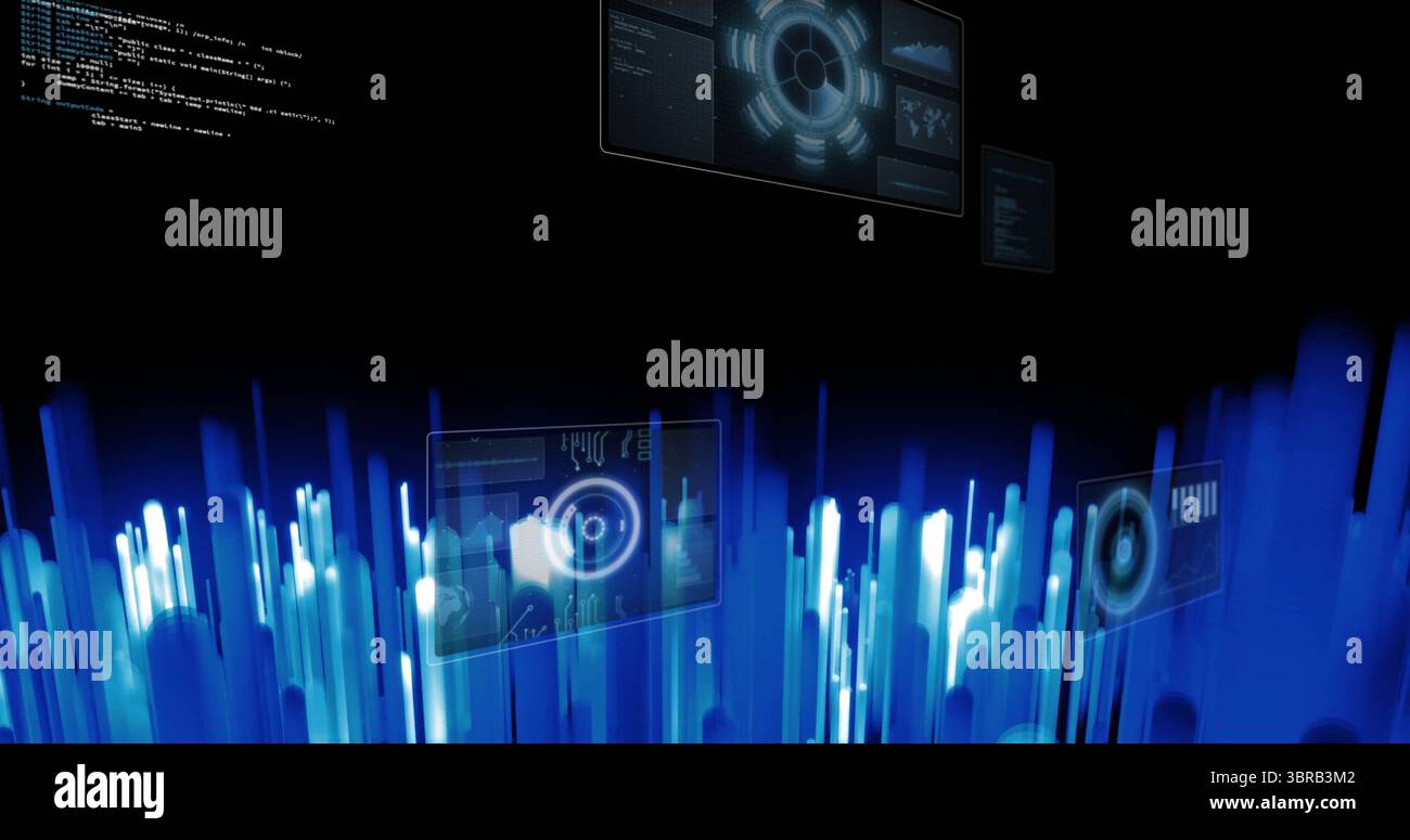 Displaying glowing blue data bars and floating UI panels in virtual data landscape, visualization Stock Photo