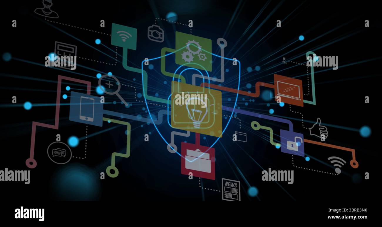 Displaying digital shield and padlock graphic at virtual interface, with network lines, data nodes Stock Photo